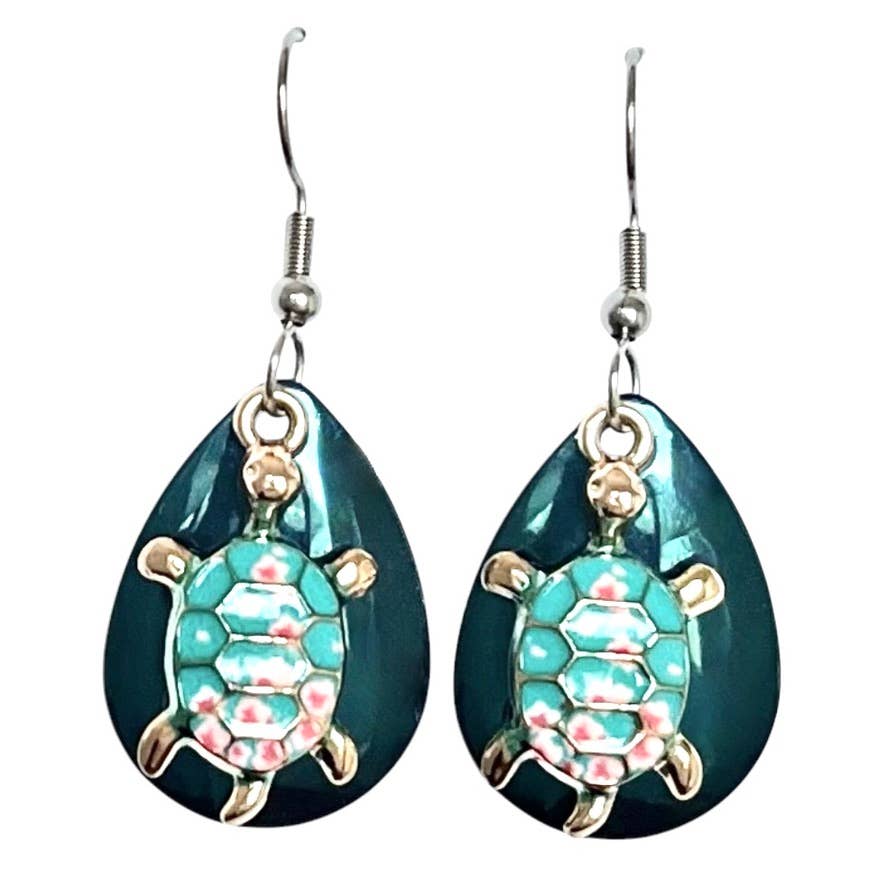 Teal Sea Turtle Earrings Gold tone Jewelry Handmade Beach