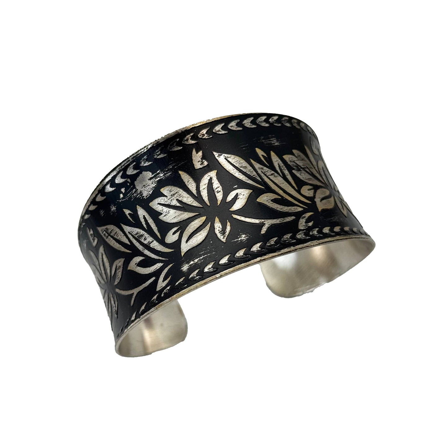 Handcrafted Silver Patina Black Floral Cuff