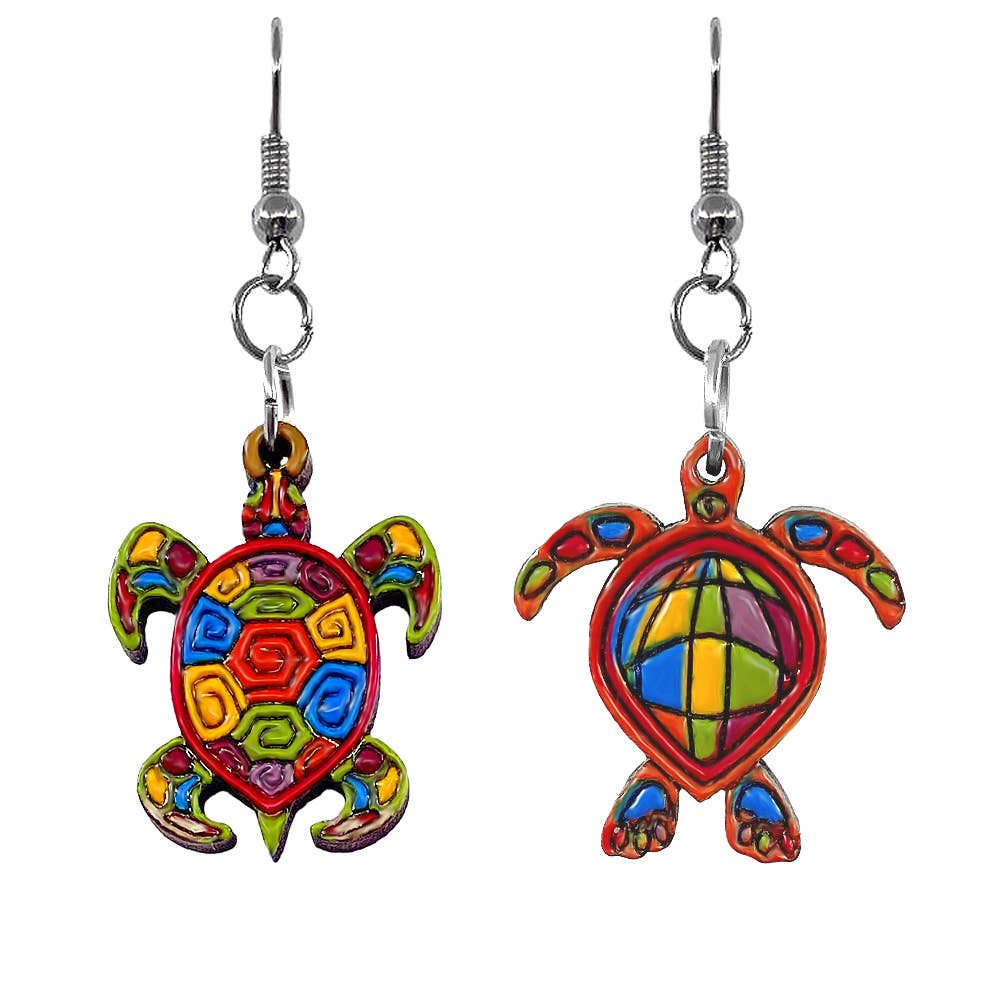 Wooden Geometric Sea Turtle Animal Dangle Earrings