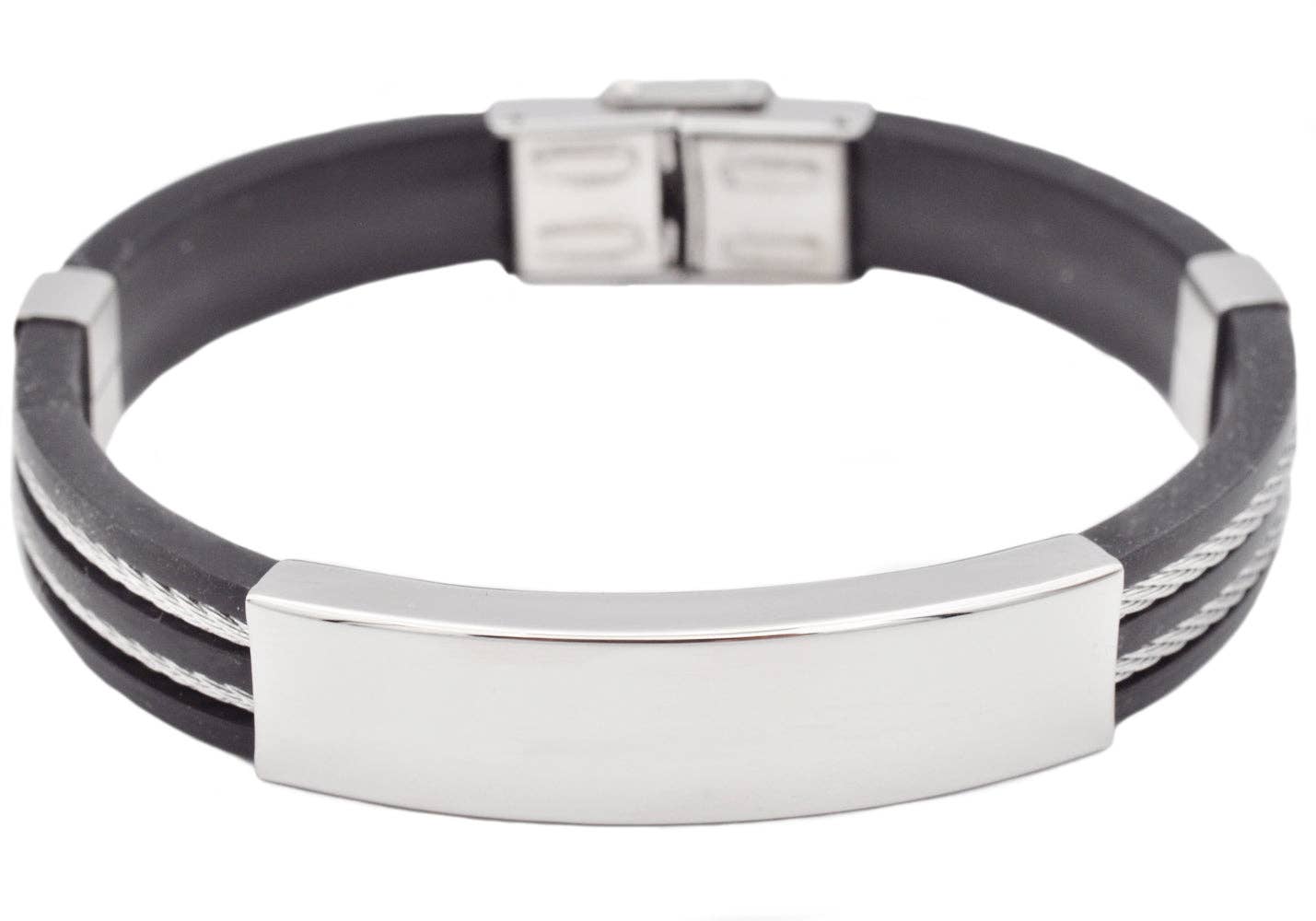 Men's Black Silicone Stainless Steel Wire Bangle ID Bracelet: 8.5 inch