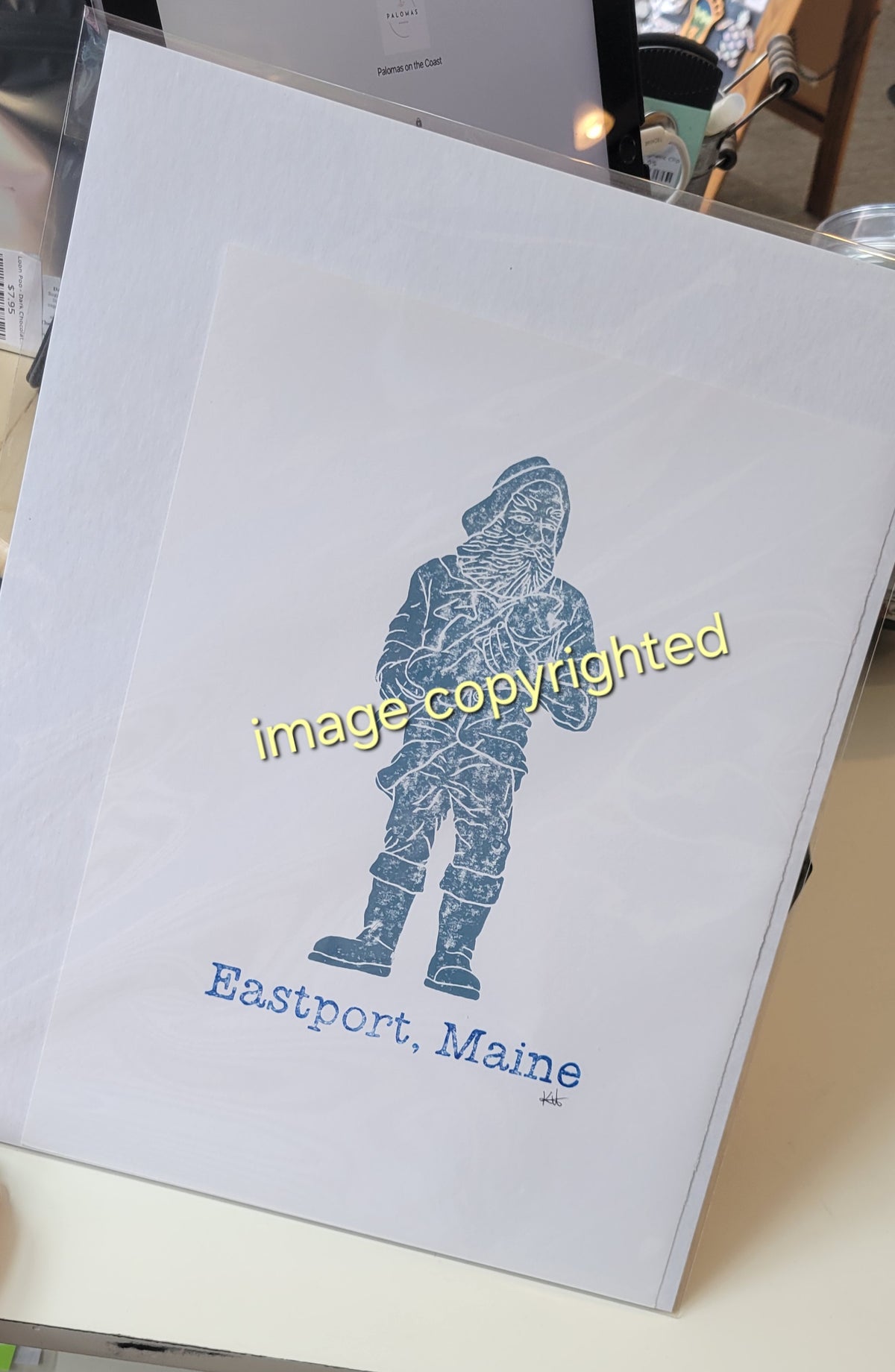 Eastport Maine Fisherman Lino Print 9x12