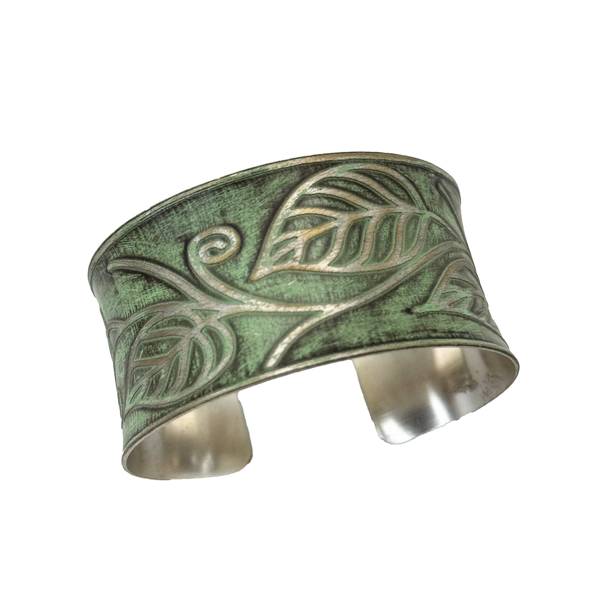 Handcrafted Silver Patina Green Leaf Vine Cuff