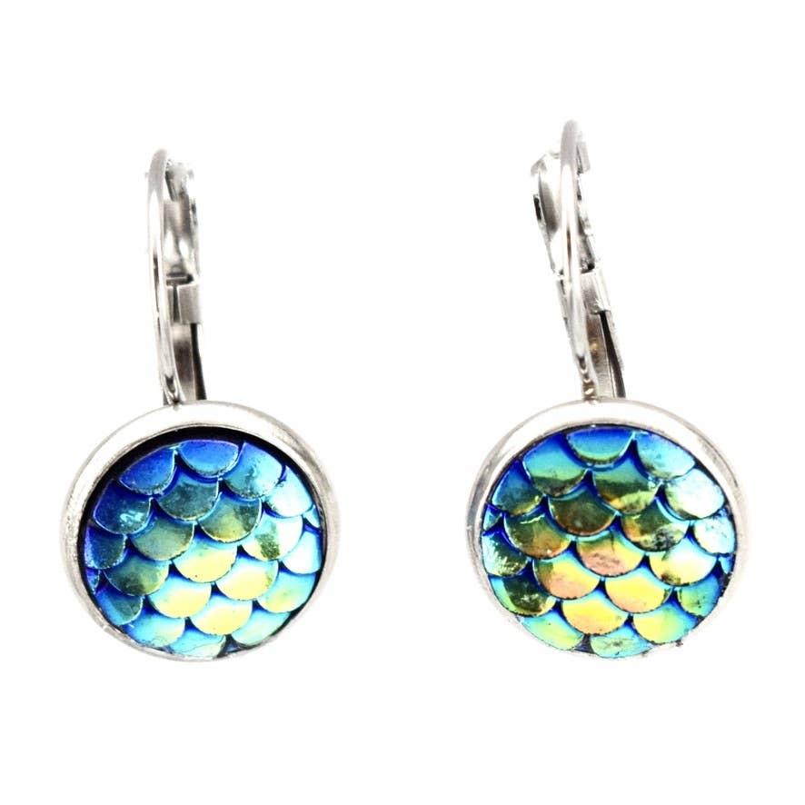 Emerald Mermaid Scale Button Lever Back Earrings