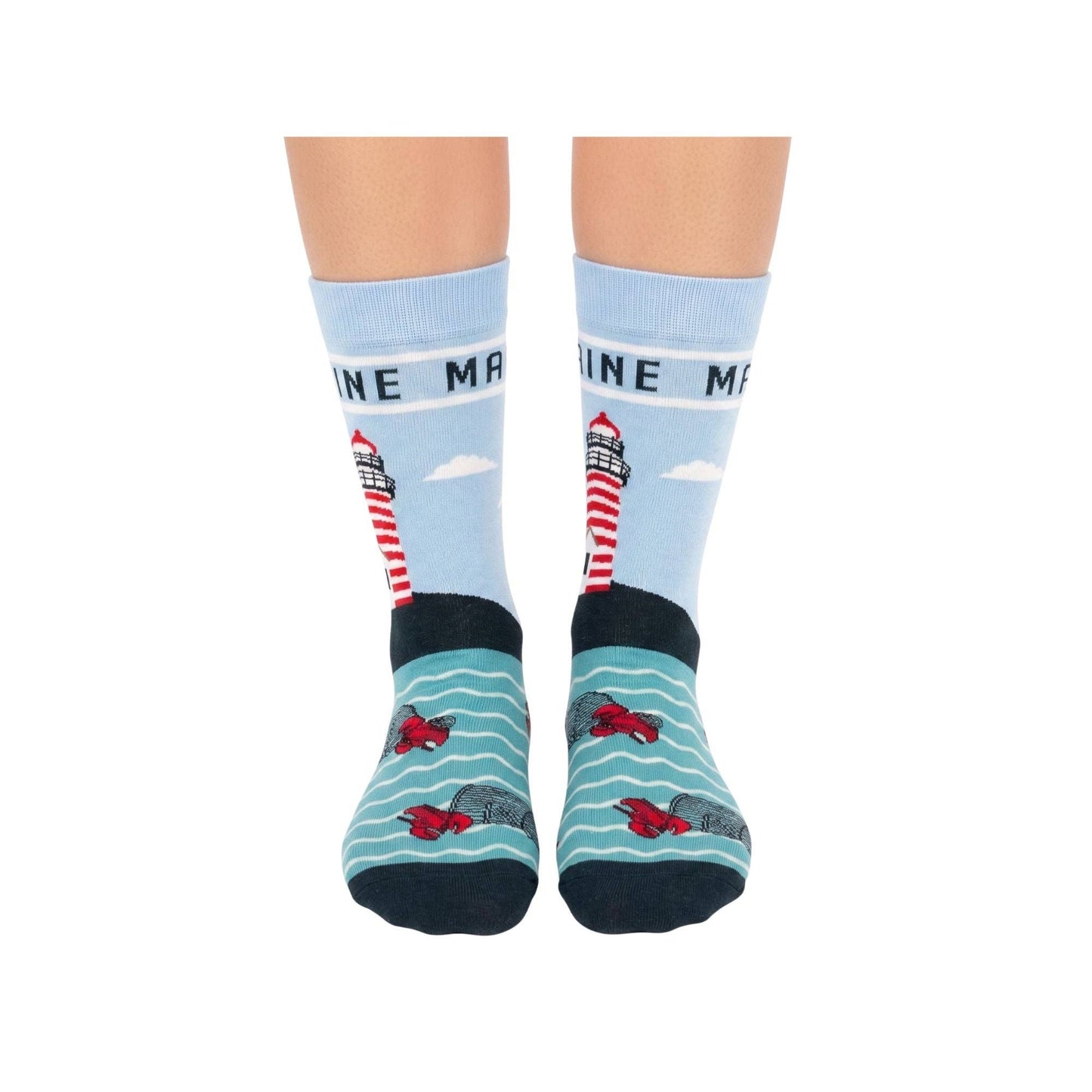 Maine Lighthouse & Lobster Novelty Crew Socks - Coastal Nautical Scenic Travel Souvenir Gift