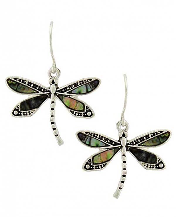 Silver Abalone Dragonfly Dangle Earrings