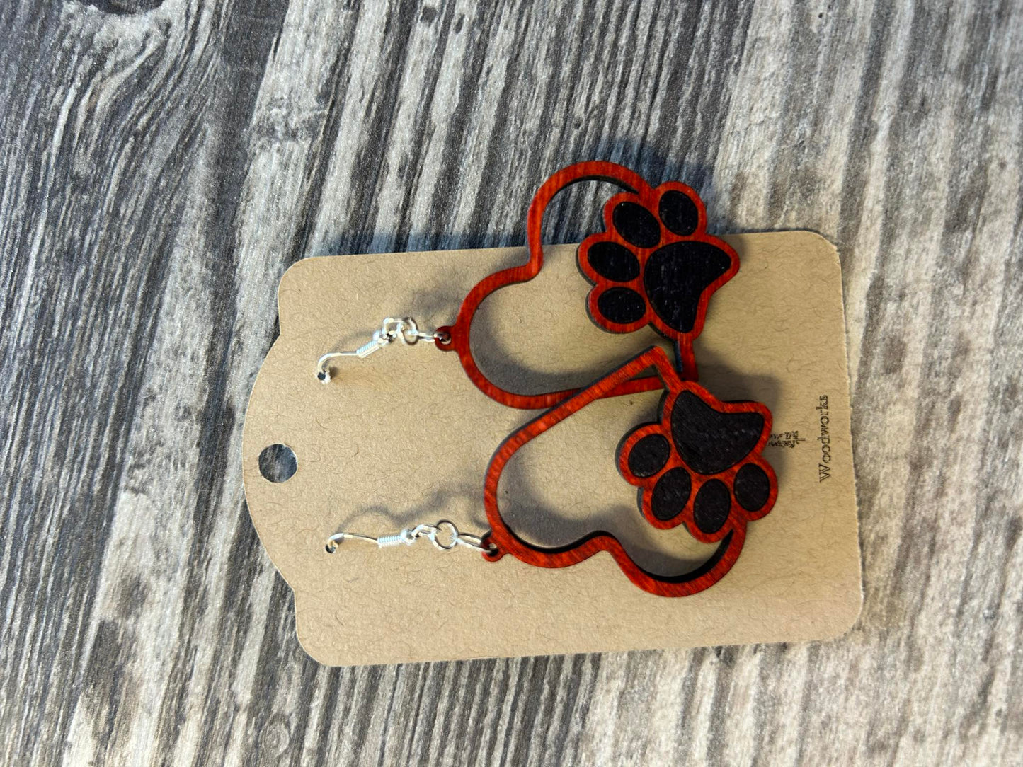 wooden heart paw print earrings