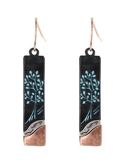 Patina Tree of Life Tri-Tone Rectangle Earrings