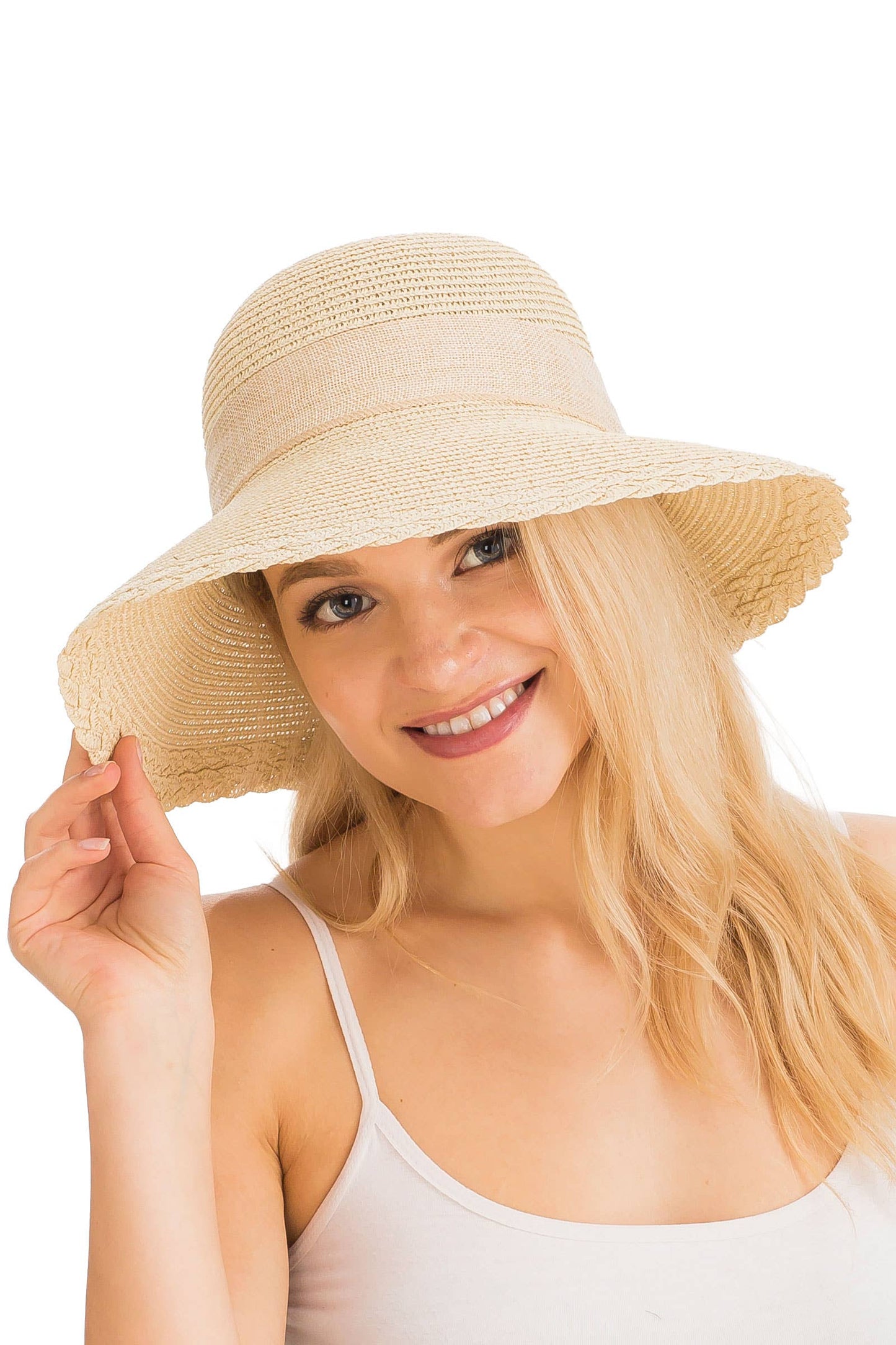 Burlap Ribbon Scallop Derby Sun Hat with Chin Strap