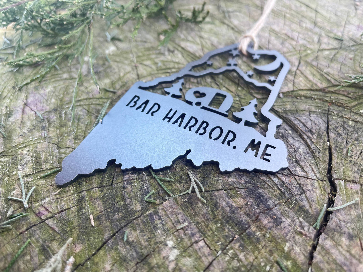 Maine State BAR HARBOR Camper Raw Steel Metal Ornament
