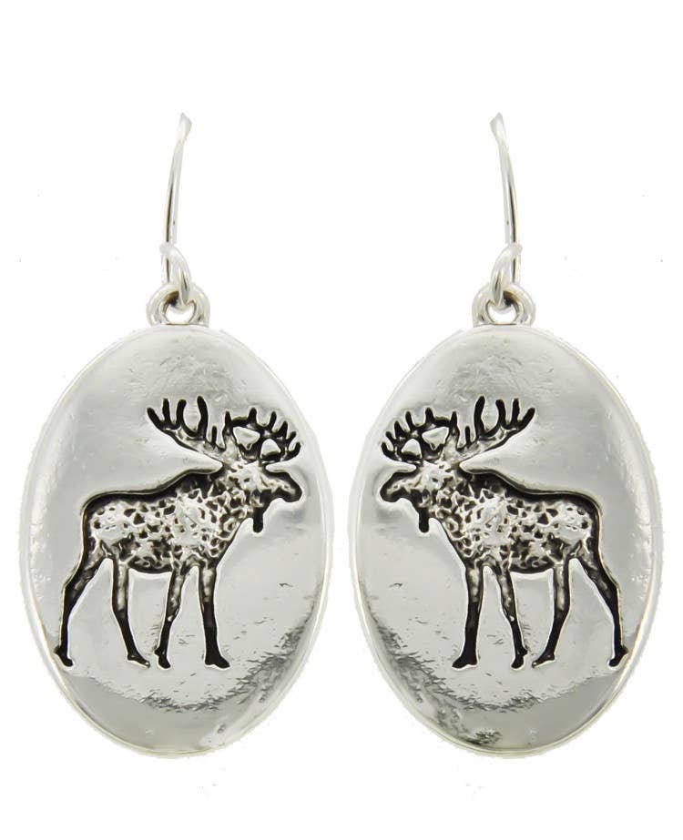 Moose Animal Christmas Metal Oval Dangle Earrings