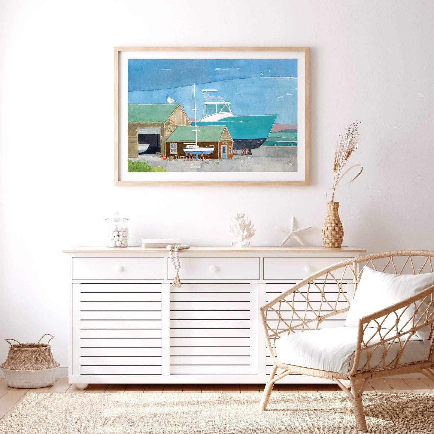 Boatyard Watercolor Print Coastal Sailboat Art
