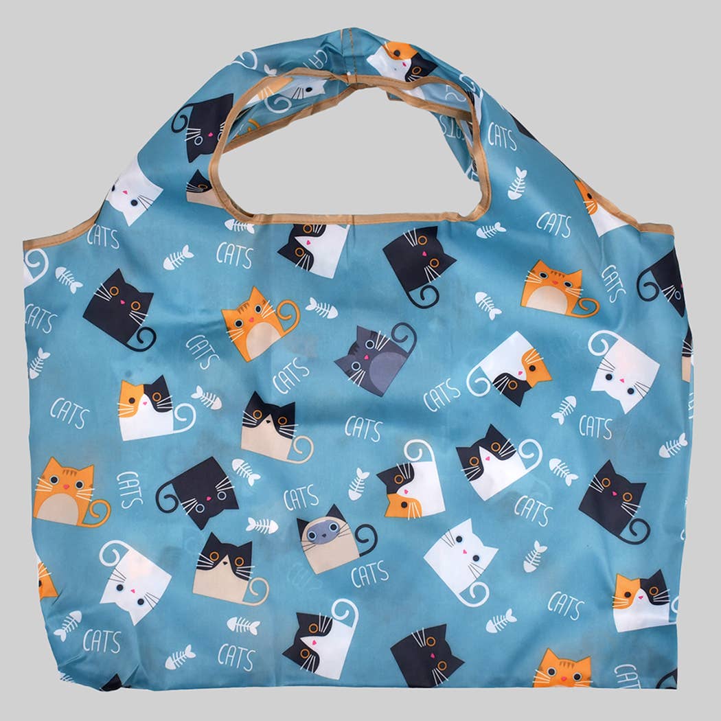 COLLAPSIBLE NYLON CUTE CAT PRINT SHOPPING BAG