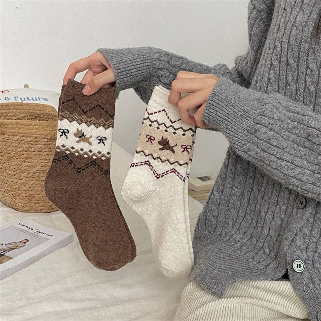 Rufia - Adorable Dog Pattern Thickened Mid-Calf Socks