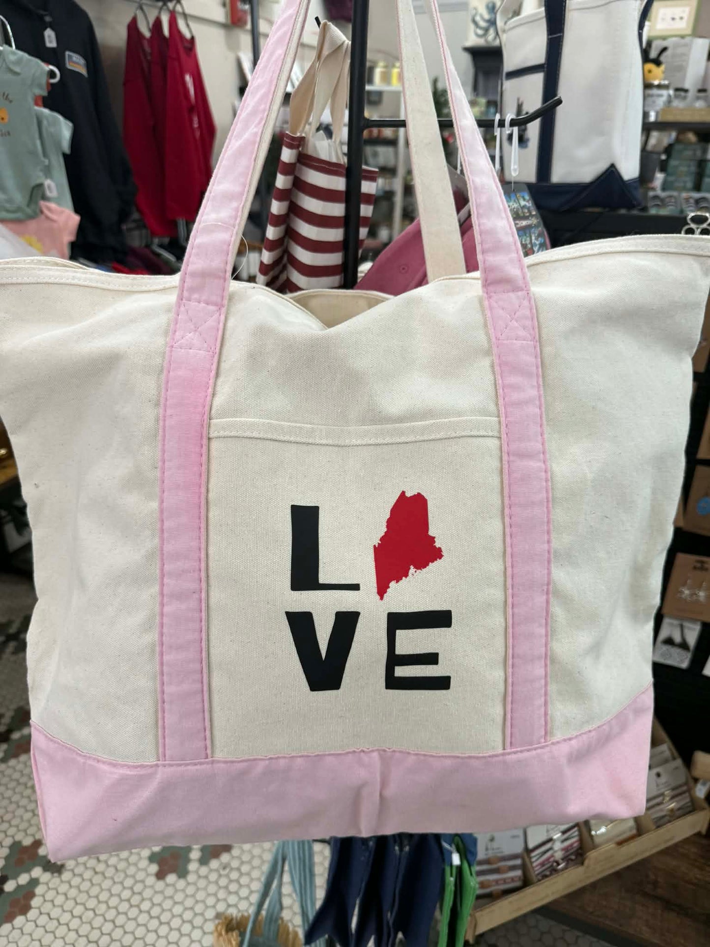 Love Maine Large Pink and White Tote Bag
