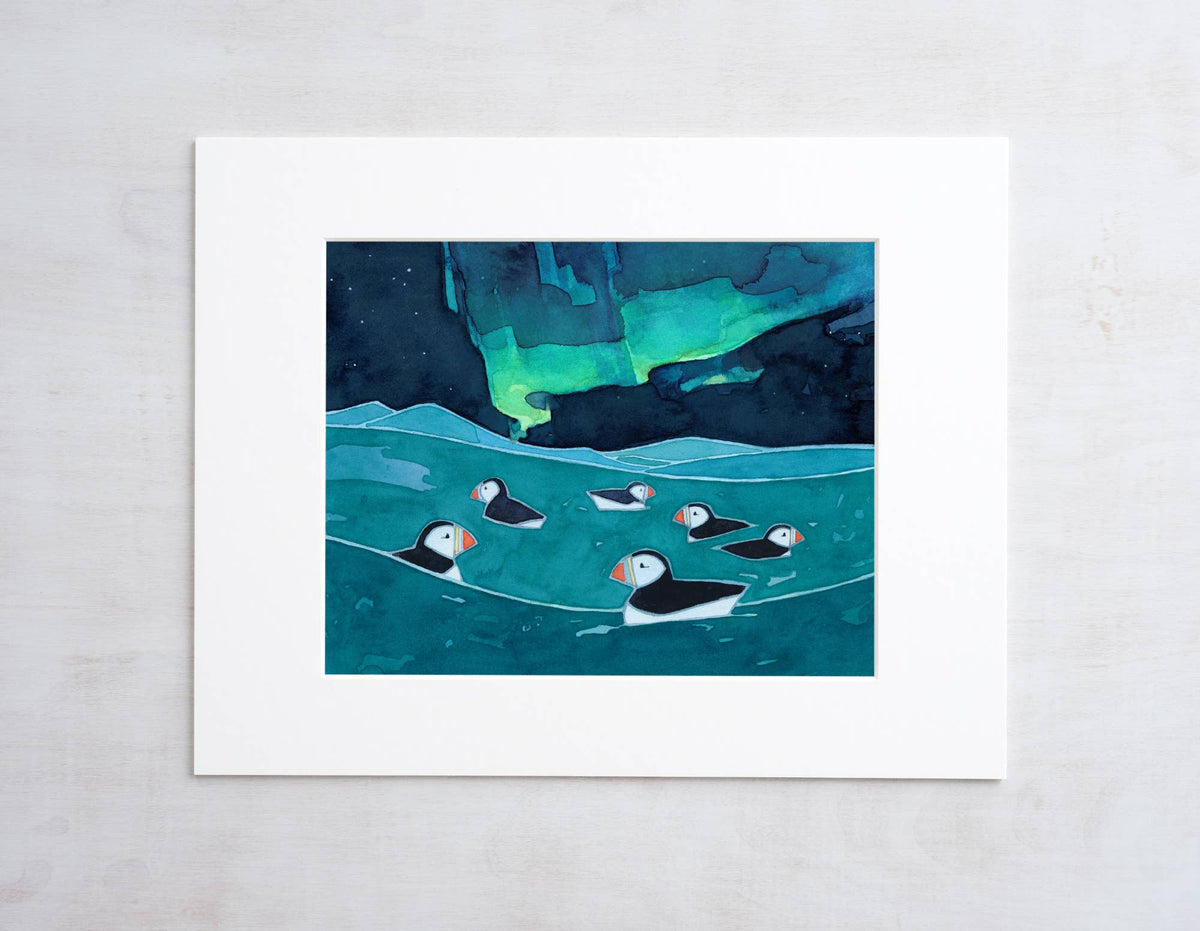 Puffins Northern Lights Art Print, Aurora Borealis