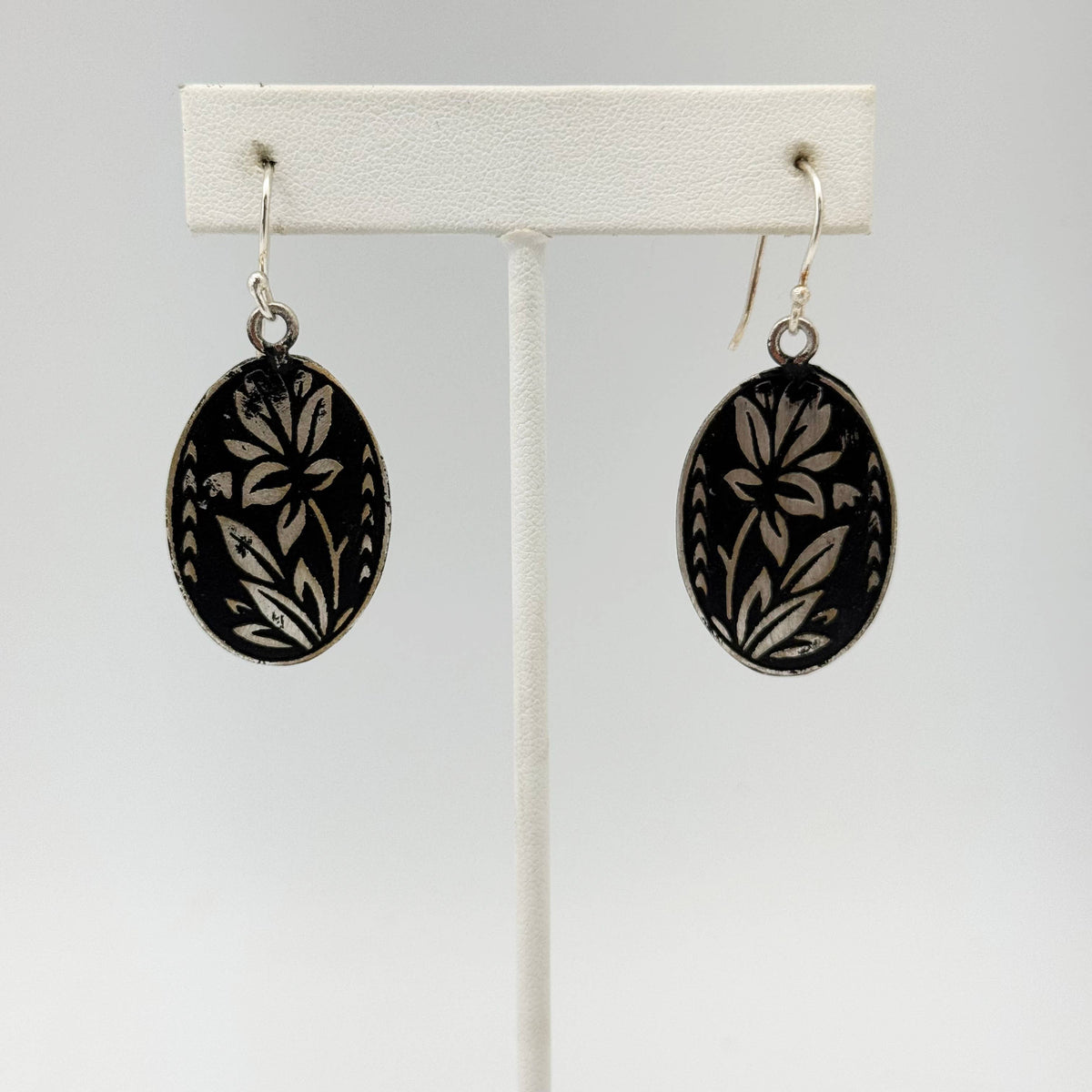 Handcrafted Silver Patina Black Floral Earrings