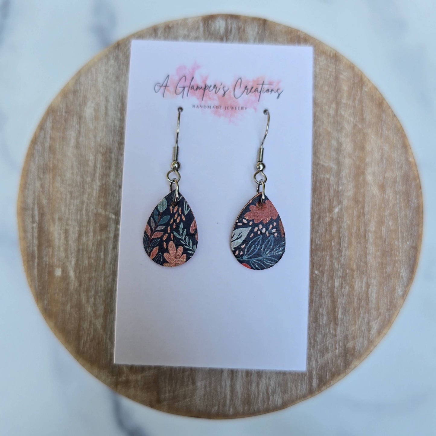 Fall Floral & Acorns MINI Teardrop Leather Earrings