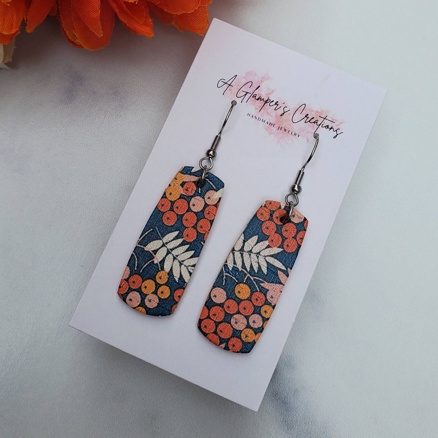 Fall Floral on Blue Mini Bar Leather Earrings