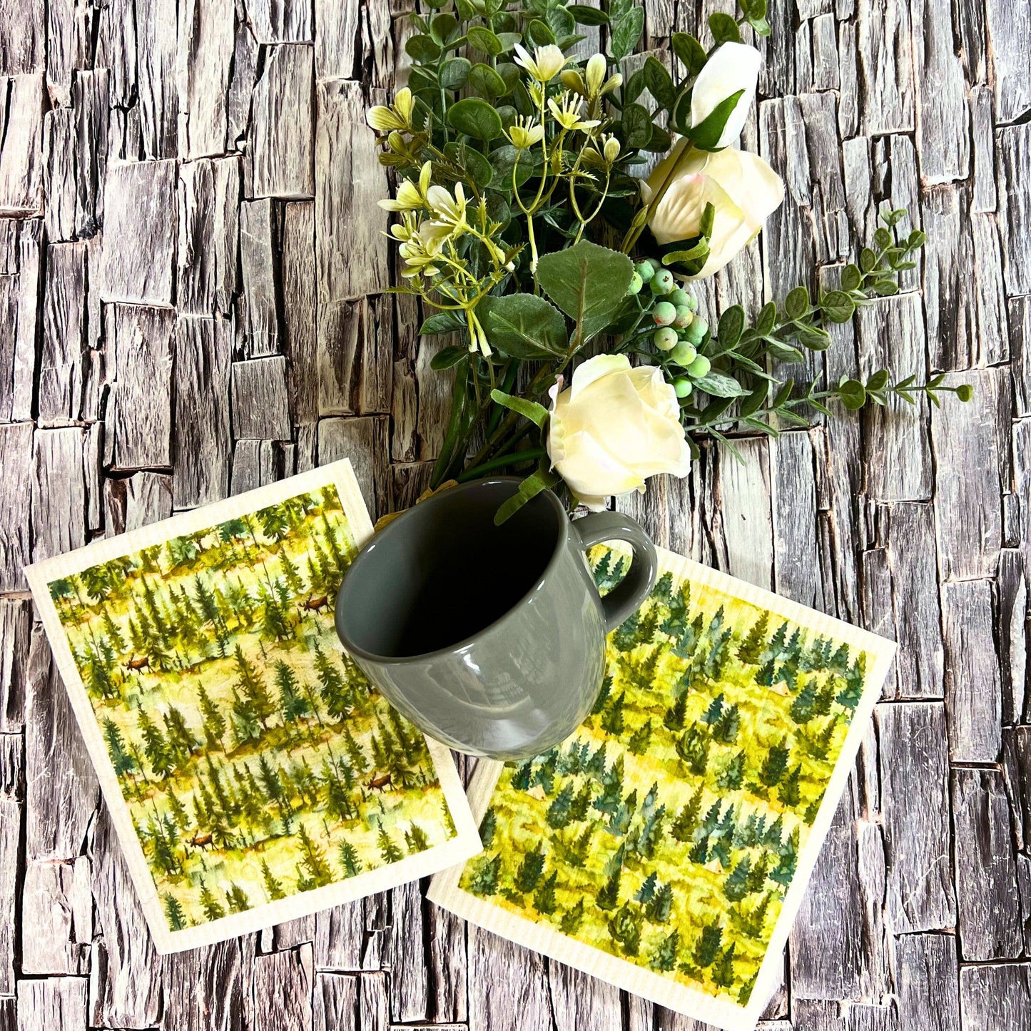 Moose In Pine Trees Swedish Dishcloths - Sponge Cloth
