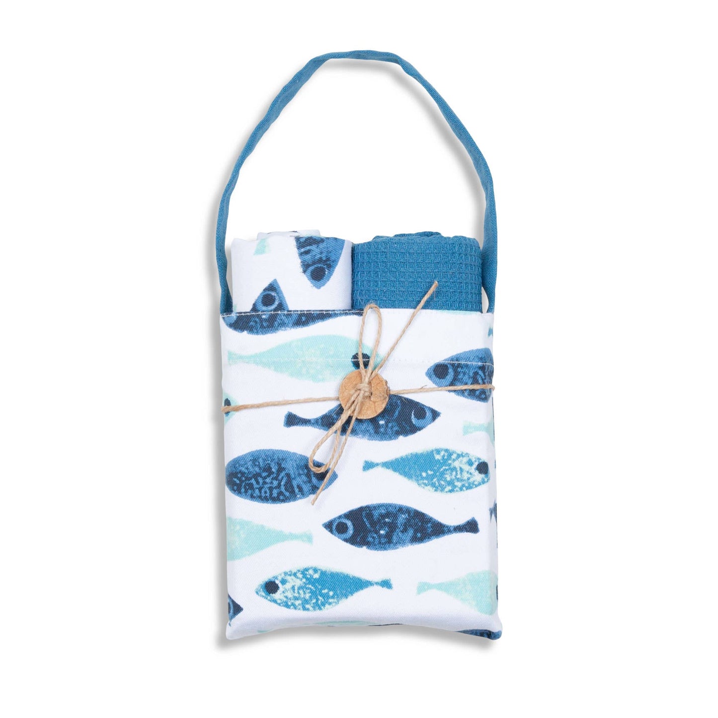 3 Piece Blue Fish Woven Kitchen Tea Towel Set