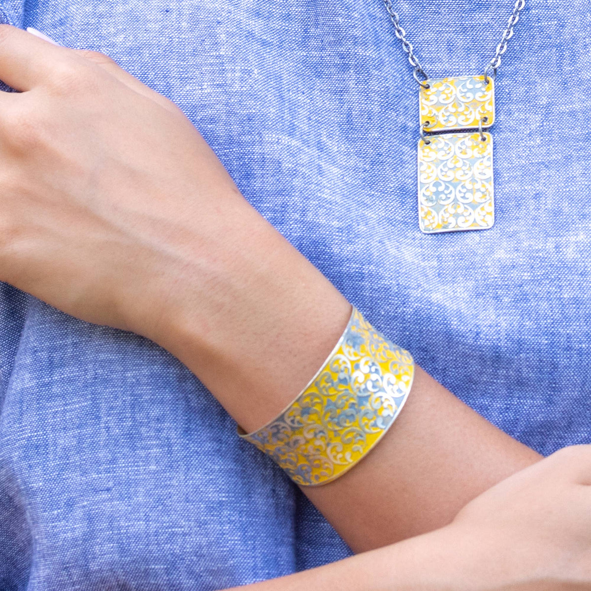 Silver Patina Bracelet - Yellow Ornate Print
