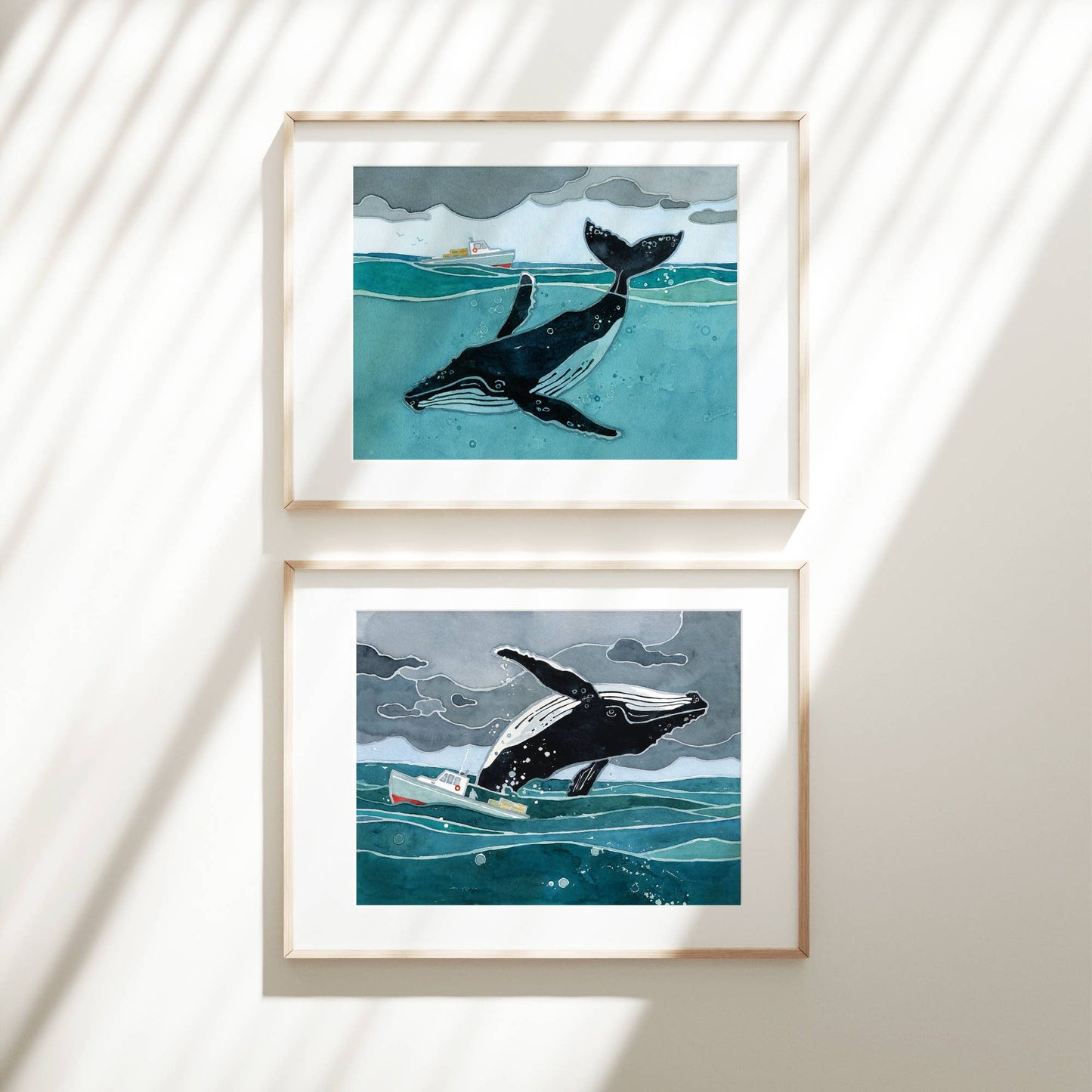 Humpback Whale and Fishing Boat Nautical Watercolor Print