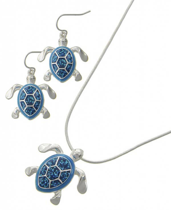Glitter Blue & Turquoise Turtle Necklace Set