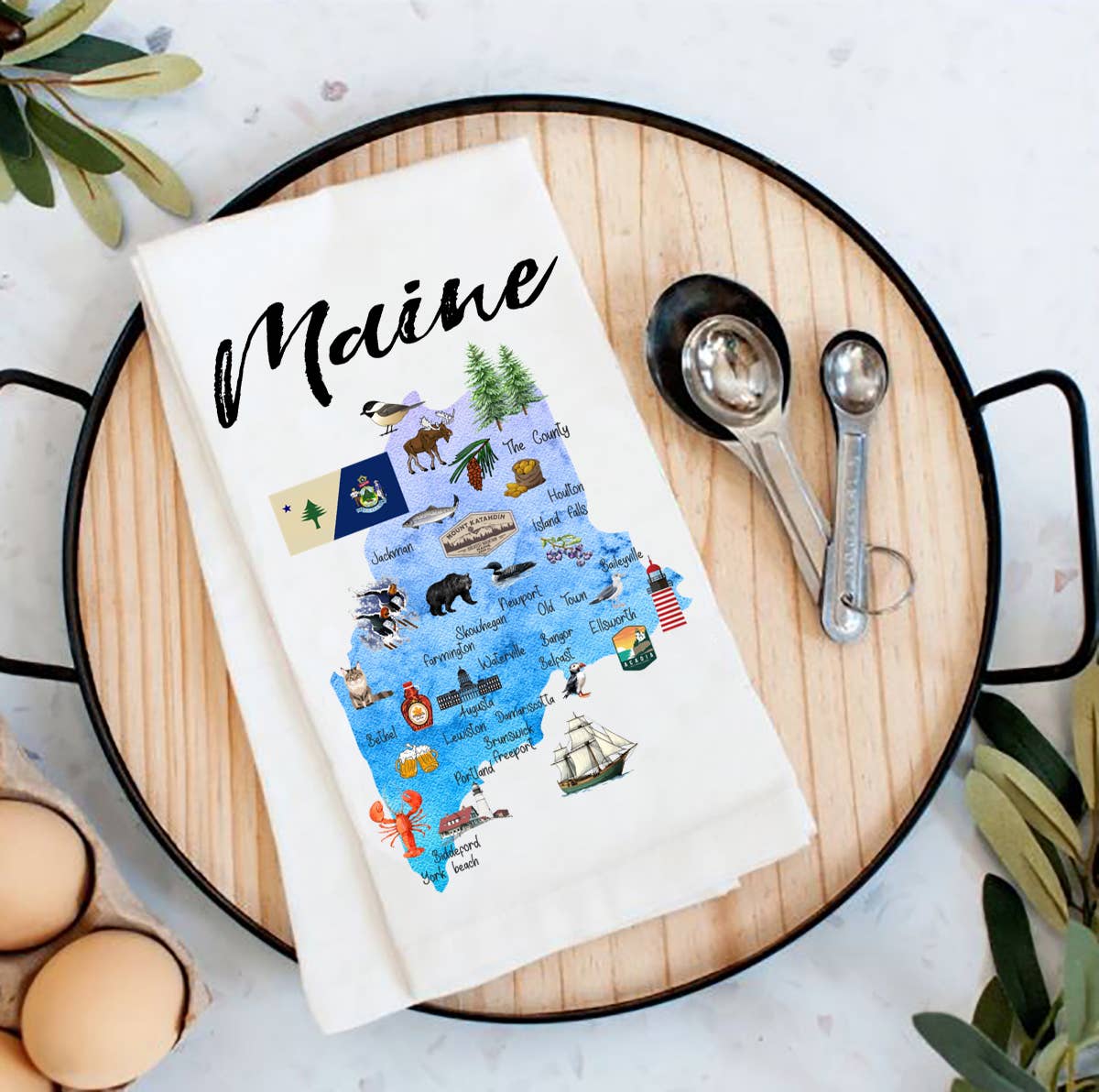Maine State Map Flour Sack Tea Towel