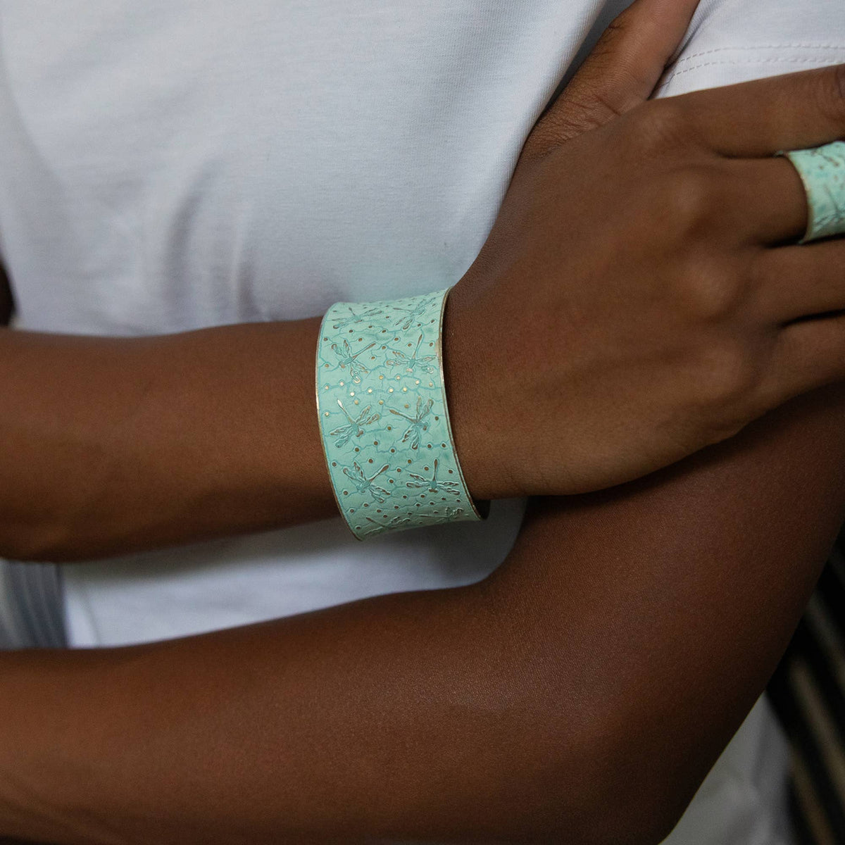 Handcrafted Mint Green Dragonfly Patina Bracelet