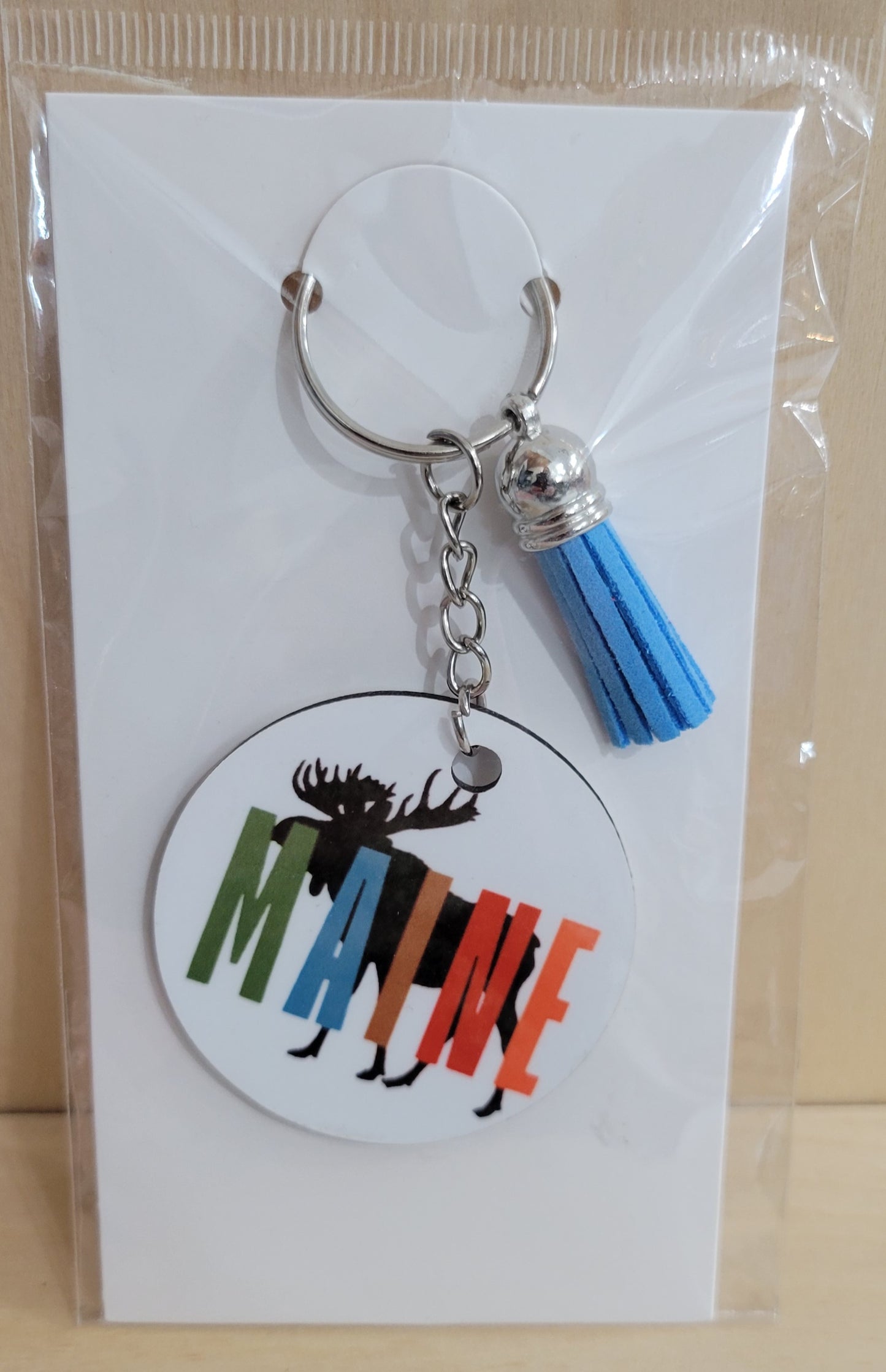 Maine Themed Round Keychain with Tassel