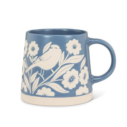 Wide Base Mug with Leaves & Birds-Blue-3.5"H(14oz)