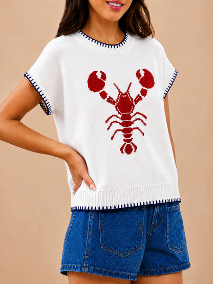 Coastline Lobster Whip-Stitch Knit Sweater Cap Sleeves Top