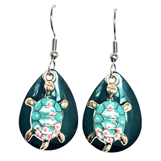 Teal Sea Turtle Earrings Gold tone Jewelry Handmade Beach