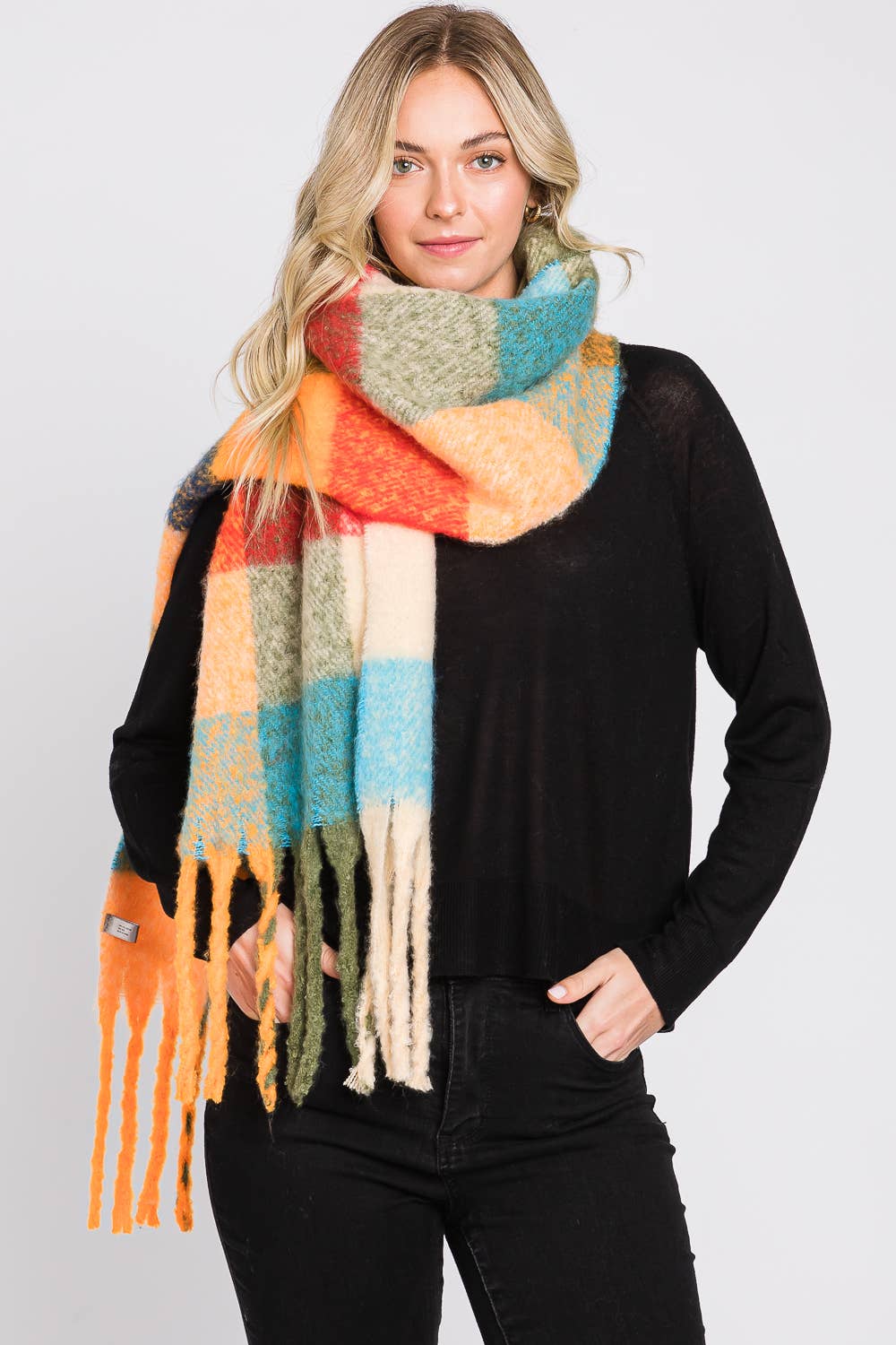 Multi Color Plaid Oblong Fringe Scarf