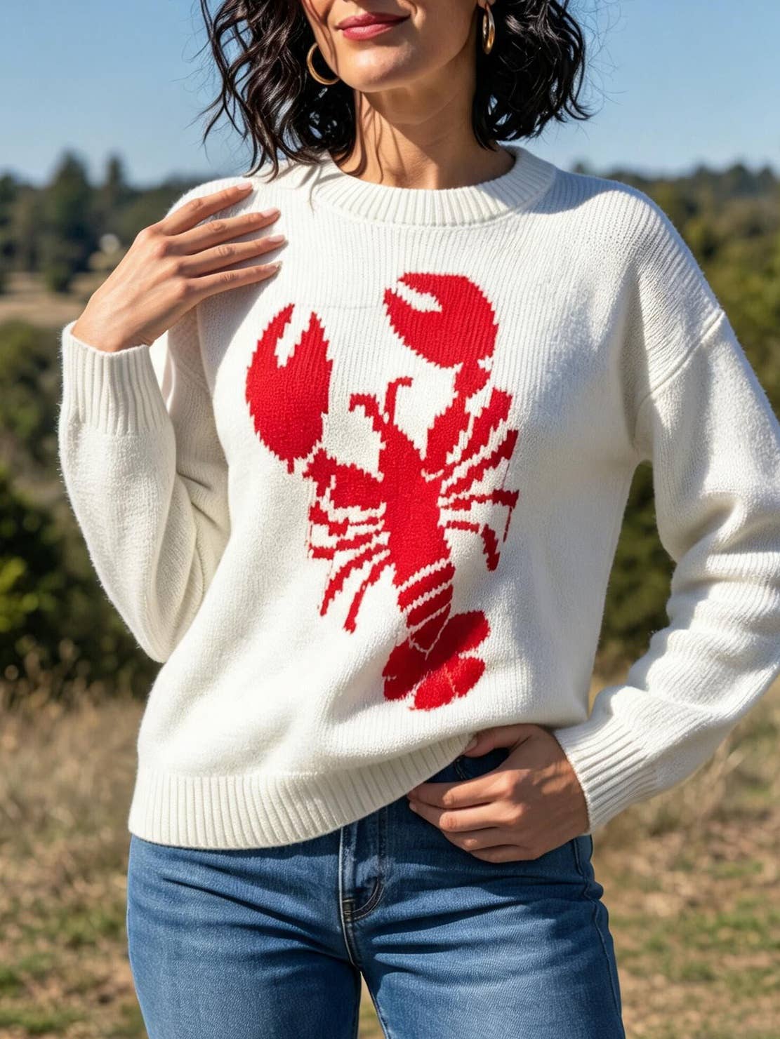 Red Claw lobster jacquard knit sweater fall winter pullover
