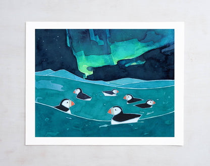 Puffins Northern Lights Art Print, Aurora Borealis