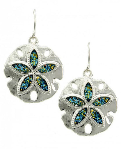 Glitter Blue Sand Dollar Metal Dangle Earrings