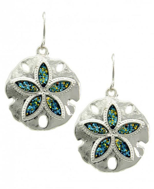 Glitter Blue Sand Dollar Metal Dangle Earrings