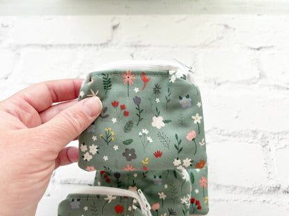 Small Fabric Pouch-Sage w/wildflowers