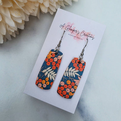 Fall Floral on Blue Mini Bar Leather Earrings