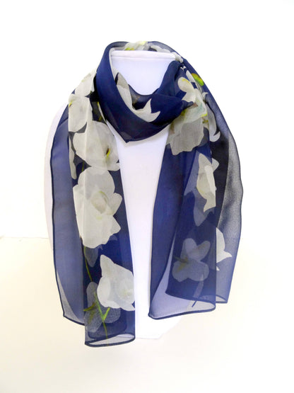 Blue Silk Scarf - Floral Silk Scarf - Tropical Sheer Scarf