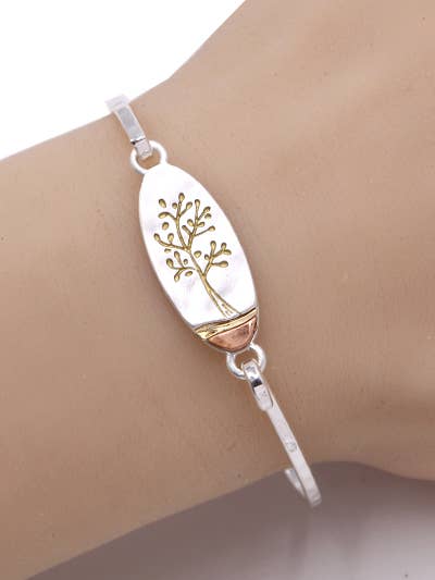 Matte Gold Tree of Life 3-Tone Oval Casting Bangle