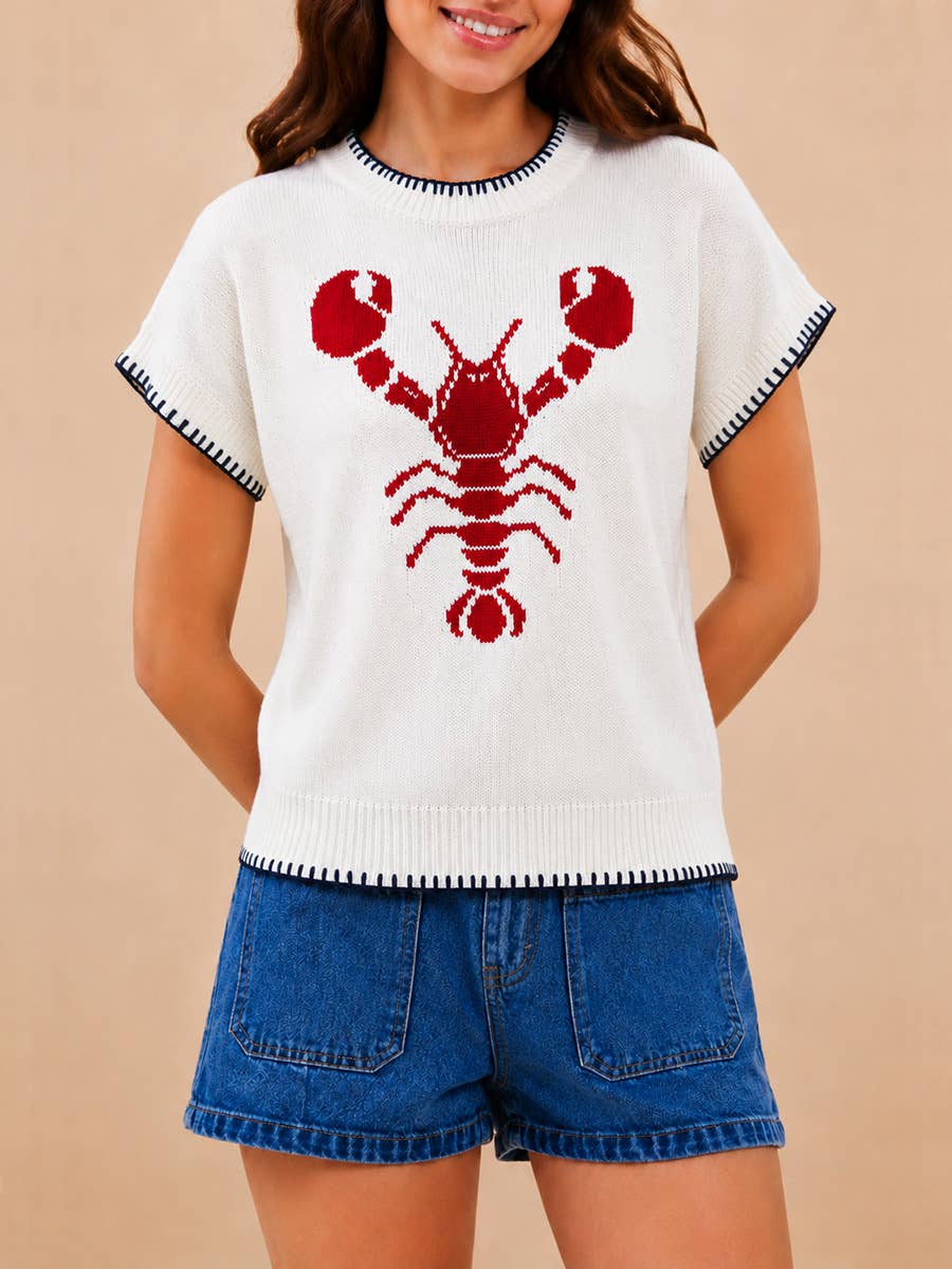 Coastline Lobster Whip-Stitch Knit Sweater Cap Sleeves Top