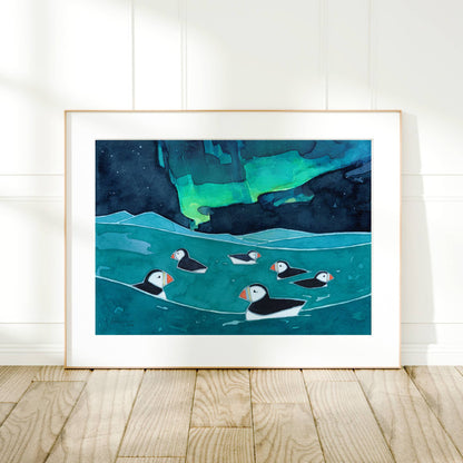 Puffins Northern Lights Art Print, Aurora Borealis