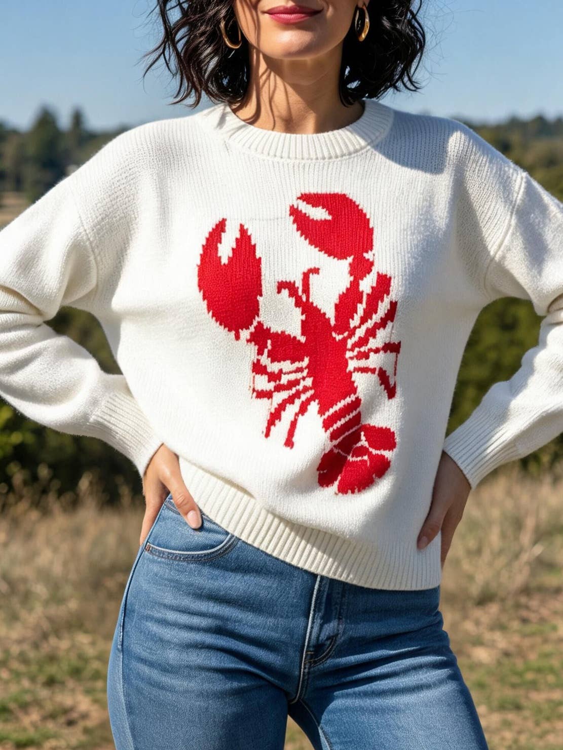 Red Claw lobster jacquard knit sweater fall winter pullover