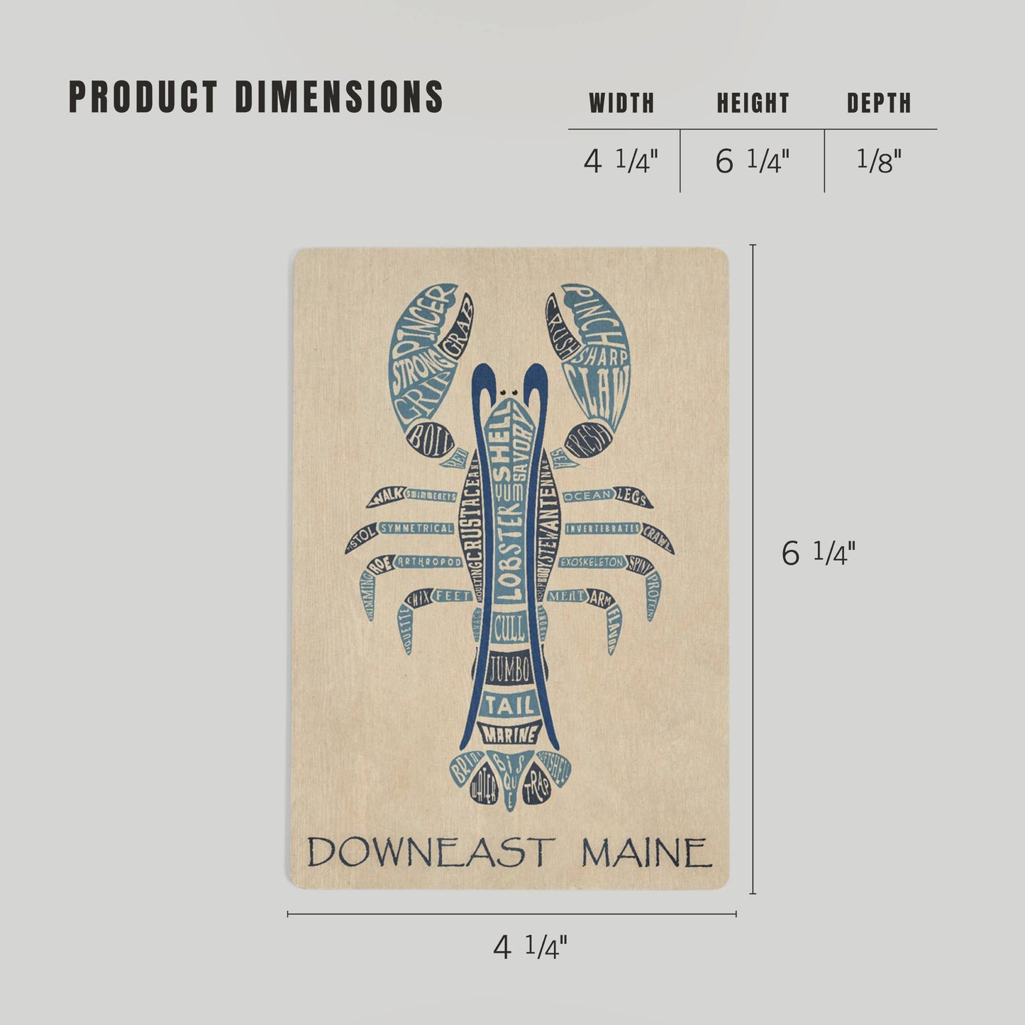 WOOD POSTCARD Maine, Blue Lobster, Typography