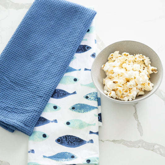 3 Piece Blue Fish Woven Kitchen Tea Towel Set