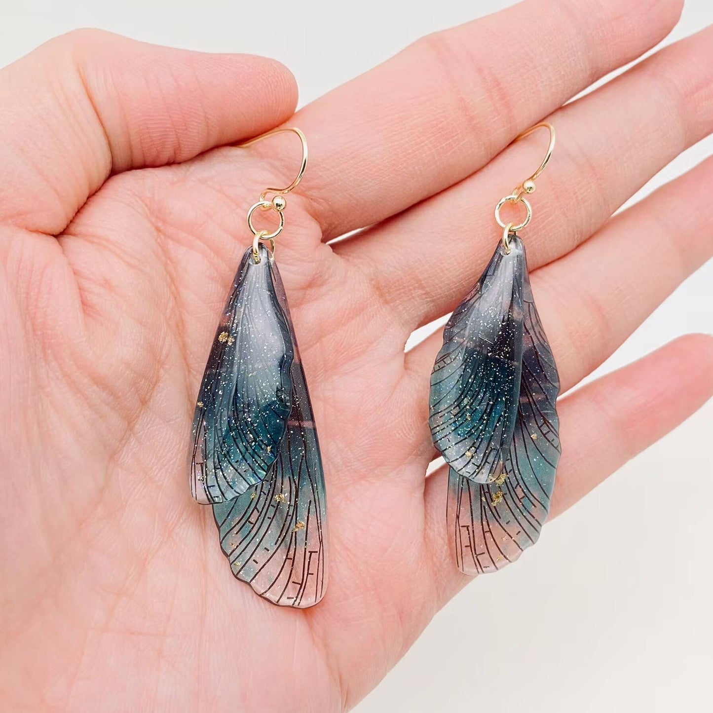Resin Colored Dragonfly Wings Dangle Earrings
