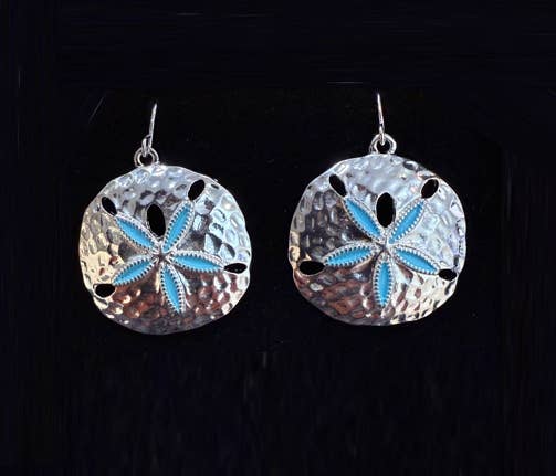 Blue Glitter Sand Dollar Metal Dangle Earrings