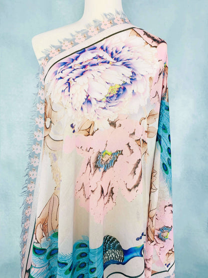 Pink-Teal Peacock & Peoney Frayed-Edge Scarf/Shawl